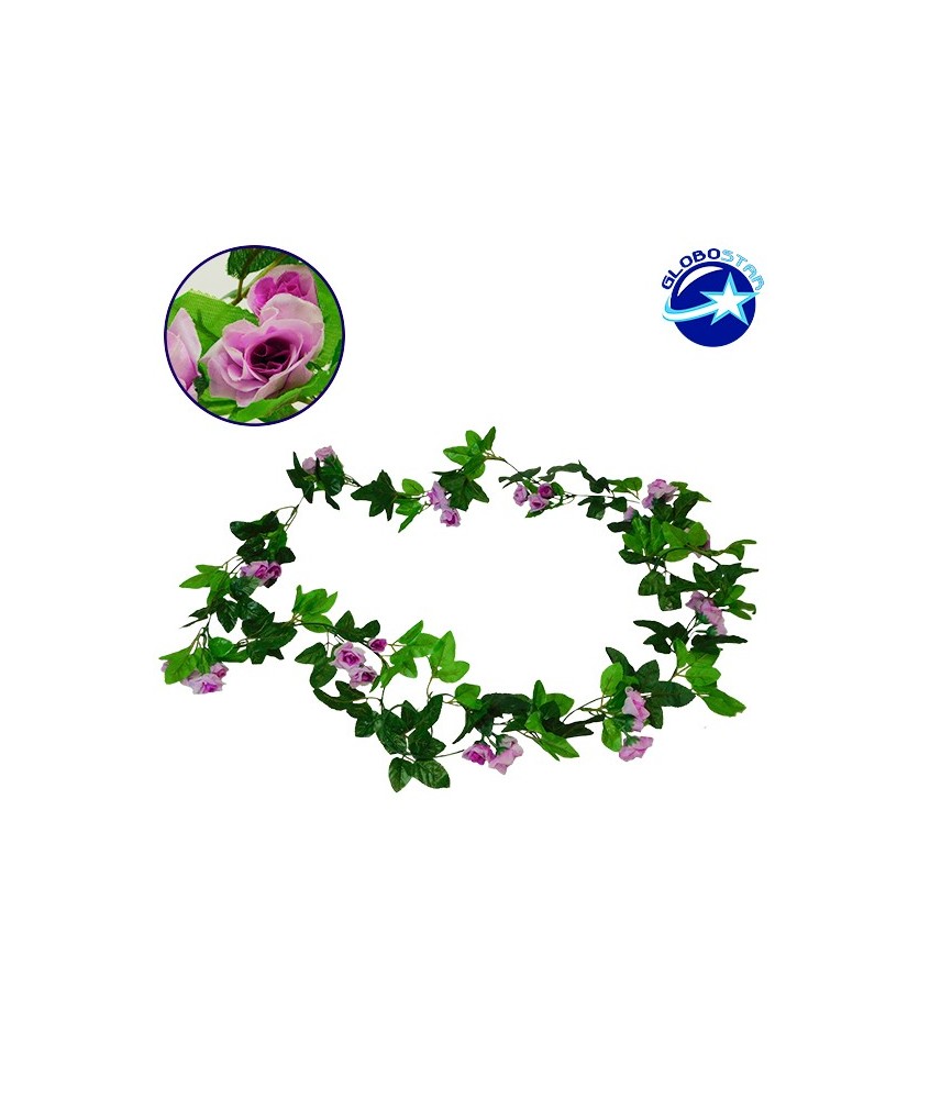 GloboStar® 09016 Τεχνητό Κρεμαστό Φυτό Διακοσμητική Γιρλάντα Μήκους 2.2 μέτρων με 33 X Μικρά Τριαντάφυλλα Μωβ Λευκά